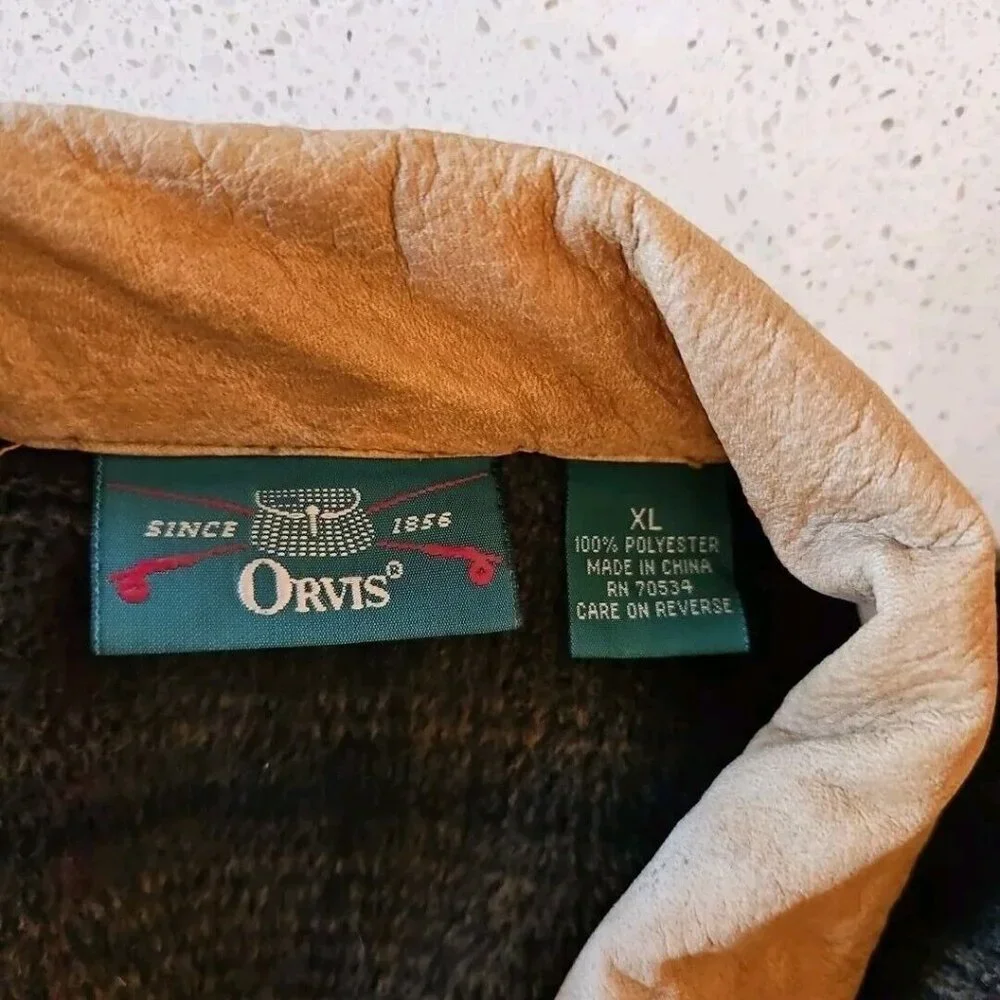 Orvis Fleece Teddy Jacket Mens XL Brown Black Plaid Faux Suede Utility Vintage - Picture 8 of 13